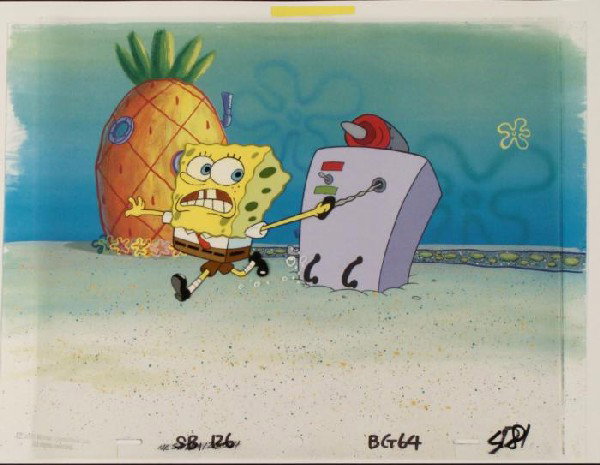 Reef Background Cel Blower SpongeBob Original Animation: This animation cel and reproduction background are from the Nickelodeon TV show SpongeBob Squarepants. The story takes place under the deep blue sea in Bikini Bottom, where Sponge