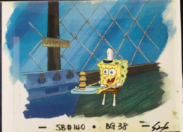 Holding Original Cel Animation Background Art SpongeBob: This animation cel and reproduction background are from the Nickelodeon TV show SpongeBob Squarepants. The story takes place under the deep blue sea in Bikini Bottom, where Sponge