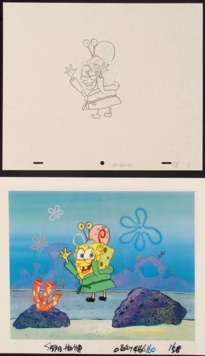 Spongebob Orig Drawing Cel Animation Repro Background: This original animation cel and reproduction background is from the Nickelodeon TV show SpongeBob Squarepants. The story takes place under the deep blue sea in Bikini Bottom