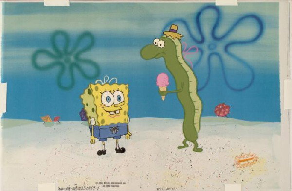 Original At Beach Animation Cel SpongeBob Background: This animation cel and reproduction background are from the Nickelodeon TV show SpongeBob Squarepants. The story takes place under the deep blue sea in Bikini Bottom, where Sponge
