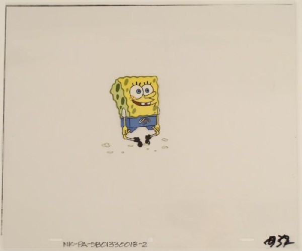 Jumping SpongeBob Dust Original Production Cel Art: This original animation cel is from the Nickelodeon TV show SpongeBob Squarepants. The story takes place under the deep blue sea in Bikini Bottom, where SpongeBob resides. Sp