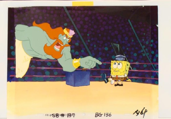 Original Spongebob Cel Repro Background Animation: This original animation cel and reproduction background are from the Nickelodeon TV show SpongeBob Squarepants. The story takes place under the deep blue sea in Bikini Bottom