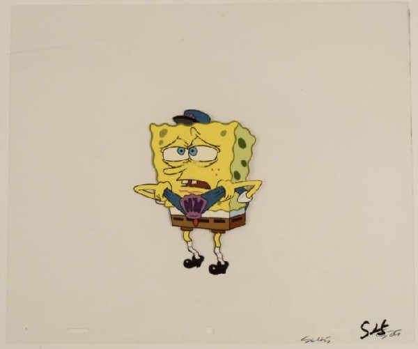 Hall Monitor Uniform Animation Cel SpongeBob Original: This original animation cel is from the Nickelodeon TV show SpongeBob Squarepants. The story takes place under the deep blue sea in Bikini Bottom, where SpongeBob resides. Sp