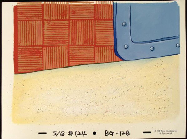 Corner Of Door Background SpongeBob Animation Original: This original hand-painted background from the Nickelodeon TV show SpongeBob Squarepants. The story takes place under the deep blue sea in Bikini Bottom, where SpongeBob resi