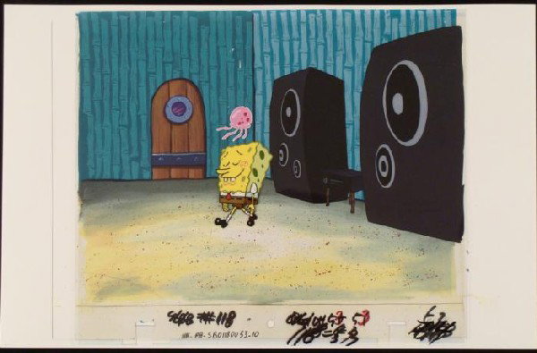 SpongeBob Original Jelly Animation Art Cel Background: This animation cel and reproduction background are from the Nickelodeon TV show SpongeBob Squarepants. The story takes place under the deep blue sea in Bikini Bottom, where Sponge