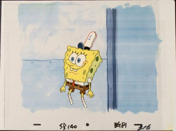 So Happy Original SpongeBob Animation Background Cel: This animation cel and reproduction background are from the Nickelodeon TV show SpongeBob Squarepants. The story takes place under the deep blue sea in Bikini Bottom, where Sponge