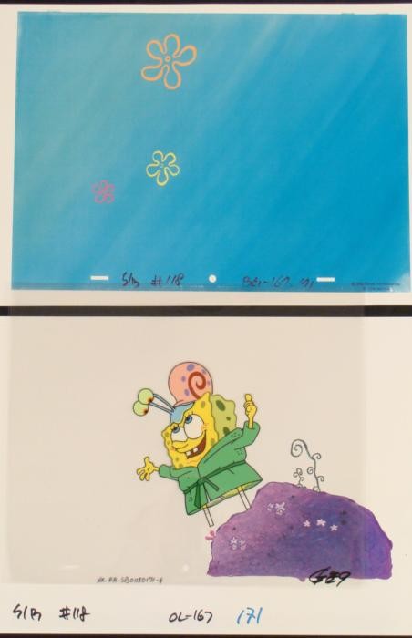 Repro Backgrounds Production Spongebob Cel Original: Offered here are two reproduction backgrounds (over and underlay) and an original animation cel from the Nickelodeon TV show SpongeBob Squarepants. The story t