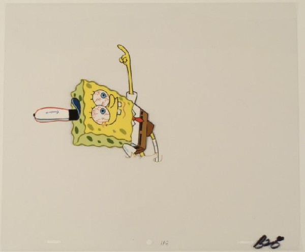 Happy Bloodshot Cel Eyes SpongeBob Original Production: This original animation cel is from the Nickelodeon TV show SpongeBob Squarepants. The story takes place under the deep blue sea in Bikini Bottom, where SpongeBob resides. Sp