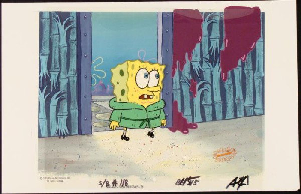 Surprised Original Cel Background SpongeBob Animation: This animation cel and reproduction background are from the Nickelodeon TV show SpongeBob Squarepants. The story takes place under the deep blue sea in Bikini Bottom, where Sponge