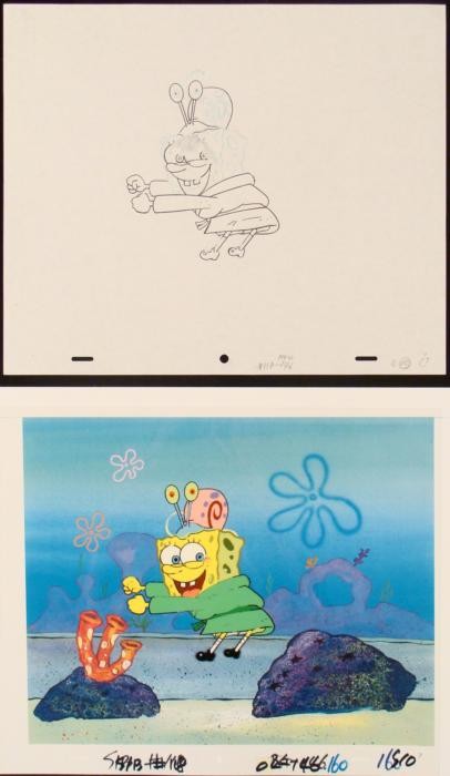 Spongebob Background Shake It Animation Cel Original: This original animation cel and reproduction background is from the Nickelodeon TV show SpongeBob Squarepants. The story takes place under the deep blue sea in Bikini Bottom,