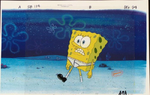 Clenched SpongeBob Animation Original Cel Background: This animation cel and reproduction background are from the Nickelodeon TV show SpongeBob Squarepants. The story takes place under the deep blue sea in Bikini Bottom, where Sponge