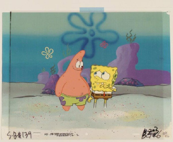 Looking At Original SpongeBob Background Cel Production: This animation cel and reproduction background are from the Nickelodeon TV show SpongeBob Squarepants. The story takes place under the deep blue sea in Bikini Bottom, where Sponge
