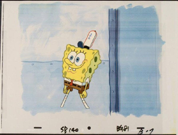 Production Work Hat Original SpongeBob Cel Background: This animation cel and reproduction background are from the Nickelodeon TV show SpongeBob Squarepants. The story takes place under the deep blue sea in Bikini Bottom, where Sponge