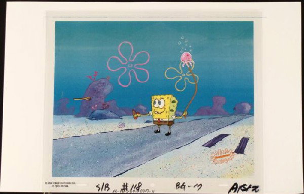 Original Fetch SpongeBob Background Animation Art Cel: This animation cel and reproduction background are from the Nickelodeon TV show SpongeBob Squarepants. The story takes place under the deep blue sea in Bikini Bottom, where Sponge