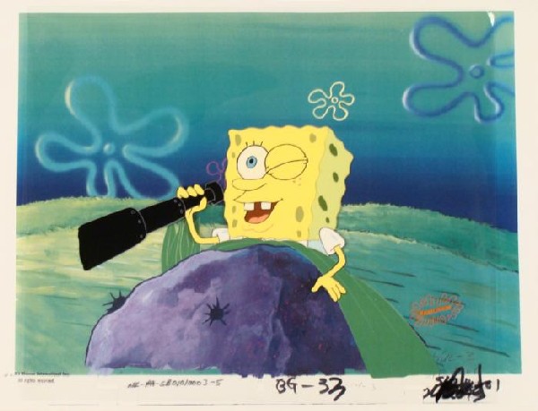 Closed Eye Production Original SpongeBob Cel Background: This animation cel and reproduction background are from the Nickelodeon TV show SpongeBob Squarepants. The story takes place under the deep blue sea in Bikini Bottom, where Sponge