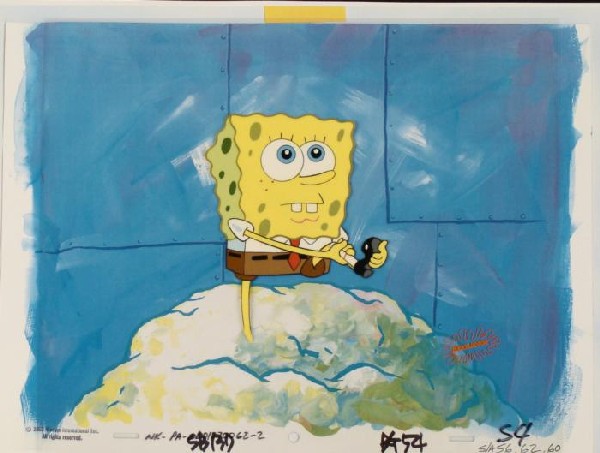 Original SpongeBob Hold Foot Background Animation Cel: This animation cel and reproduction background are from the Nickelodeon TV show SpongeBob Squarepants. The story takes place under the deep blue sea in Bikini Bottom, where Sponge
