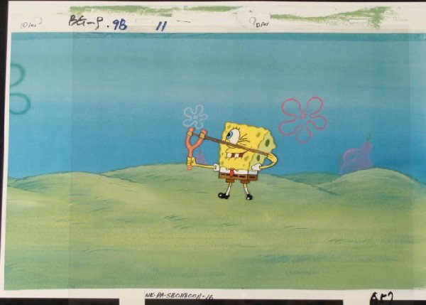 Cel Hit Sling Original SpongeBob Animation Background: This animation cel and reproduction background are from the Nickelodeon TV show SpongeBob Squarepants. The story takes place under the deep blue sea in Bikini Bottom, where Sponge