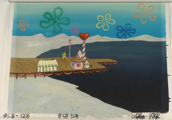 SpongeBob Carnival Orig Animation Cel and Background: This original hand-painted background and animation cel is from the Nickelodeon TV show SpongeBob Squarepants. The story takes place under the deep blue sea in Bikini Bo
