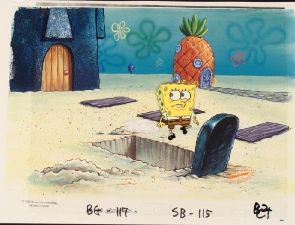 Background Grave Cel Original SpongeBob Art Production: This animation cel and reproduction background are from the Nickelodeon TV show SpongeBob Squarepants. The story takes place under the deep blue sea in Bikini Bottom, where Sponge