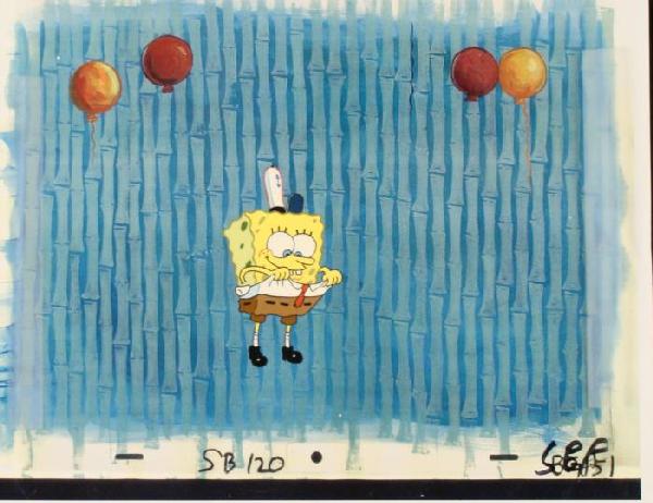 Original SpongeBob Art Animation Cel Pants Background: This animation cel and reproduction background are from the Nickelodeon TV show SpongeBob Squarepants. The story takes place under the deep blue sea in Bikini Bottom, where Sponge