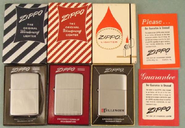 3 Vintage Zippo Lighters MIB 1 ITW Illinois Tool Works: These 3 vintage Zippo lighters are all in Mint condition in the original box. All but the blue box come with instructions. They include two with engine turned patterns, the one in the red box marked #