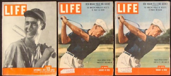 3 LIFE Magazine Sports 1941 Ted Williams 1955 Ben Hogan: These three issues of LIFE Magazine feature two legendary sports stars. The September 1, 1941 issue has the "No. 1 Batter" who is none other than Red Sox slugger Ted Williams. There are two copies of 