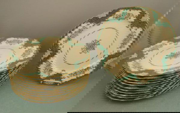 12 Pc Set Noritake China Dinner Plates Vintage 1950s: This is a set of 12 Noritake 10 3/4" dinner plates from around the 1950's. We don't know the pattern by name, but it is a lively gbreen and gold on ivory and white. They are in excellent condition, wi