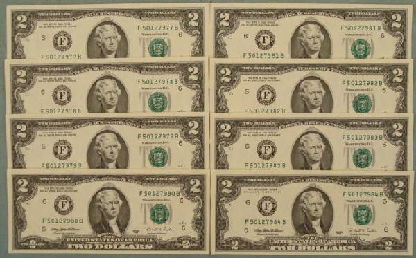 8 Consecutive # CU 1995 $2 Bills Notes F Mint Atlanta: (8) 1995 $2 bills, all with Consecutive Serial numbers Mint mark: F (Atlanta) Grade: Crisp Uncirculated Note: bills you receive may be different from those shown