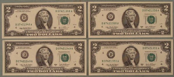 4 Consecutive# D Mint CU $2 2003A Bills Notes Cleveland: 4) 2003-A $2 bills, with Consecutive serial numbers Mint mark: D (Cleveland) Grade: Crisp Uncirculated