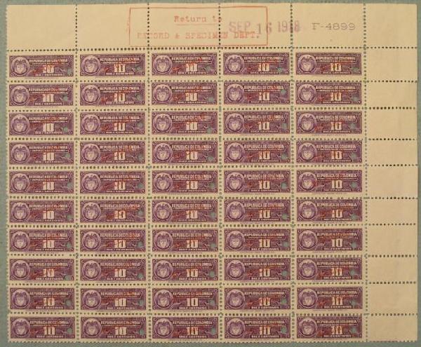 50 Colombia Specimen Revenue Stamps Plate Block 10 Cent: Here is a plate block of (50) small size 10 Centavos Revenue Stamps from Republic De Colombia, marked "IMPUESTO DE CONSUMO." Each has a red "SPECIMEN" overprint and security punch. They are marked "Am