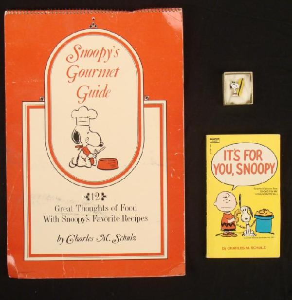3 Peanuts Recipe, Cartoon Book, Pin Vintage 1960s-70s: Here are 3 classic Peanuts items, all featuring the wonderful Snoopy. They include: "Snoopy's Gourmet Guide," big spiral bound with recipes, by Charles M. Schulz, 1967 "It's For You, Snoopy," cartoon