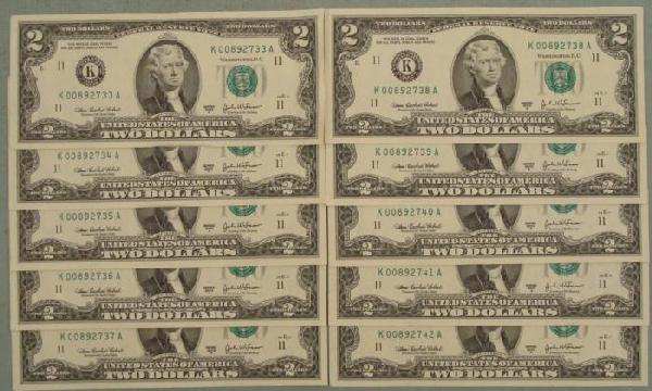 10 Consec Number CU 2003-A $2 Bills Notes K Mint Dallas: (10) 2003-A $2 bills, with consecutive serial numbers Mint mark: K (Dallas) Grade: Crisp Uncirculated