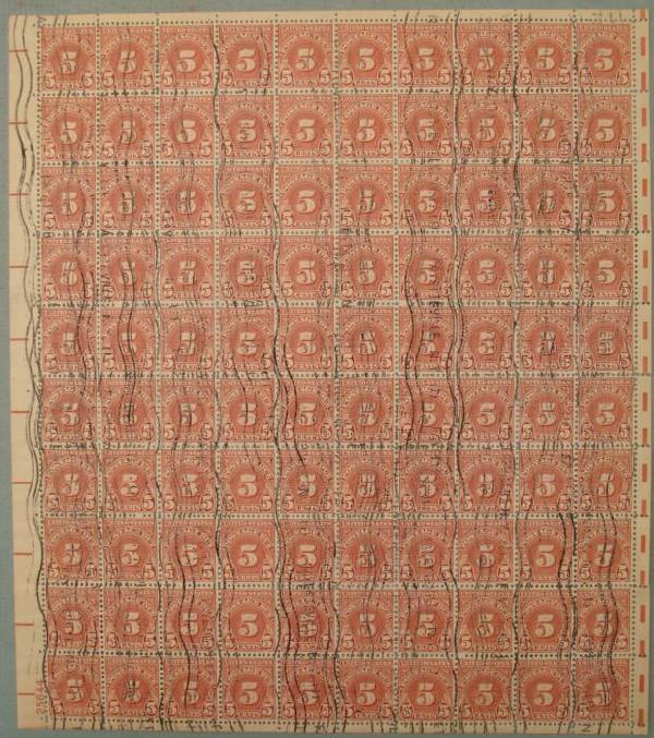 1 Sheet 5 Five Cents US Stamps Red 100 Count: This is a sheet of 5 cents US stamps, in red, 100 stamps total. It is in excellent condition, and postmarked. Add these to your stamp sheets collection.