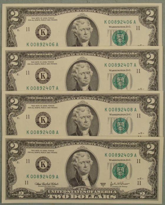 4 Consec # K Mint CU 2003-A $2 Bills Notes Dallas: (4) 2003-A $2 bills, with consecutive serial numbers Mint mark: K (Dallas) Grade: Crisp Uncirculated