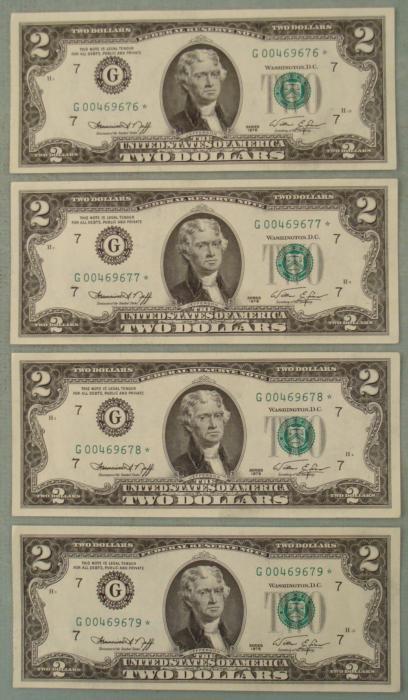 Very Rare 4 Consec # CU 1976 G Mint Star * Notes: (4) 1976 Star Notes with consecutive serial numbers Mint mark: G (Chicago) Grade: Crisp Uncirculated Rarity: Considered Very Rare- we've never seen this many consecutive