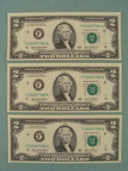 3 Consec # CU 2003 A $2 Bills Notes F Mint Atlanta: (3) 2003-A $2 bills Serial numbers: Consecutive (exact serial number might be different from that shown) Mint mark: F (Atlanta) Grade: Crisp Uncirculated