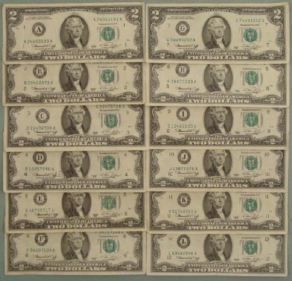 Complete Collection of 12 1976 $2 Bills All Mints A-L: Complete Collection of (12) 1976 $2 Bills containing one from each mint. Mint marks: A, B, C, D, E, F, G, H, I, J, K, L