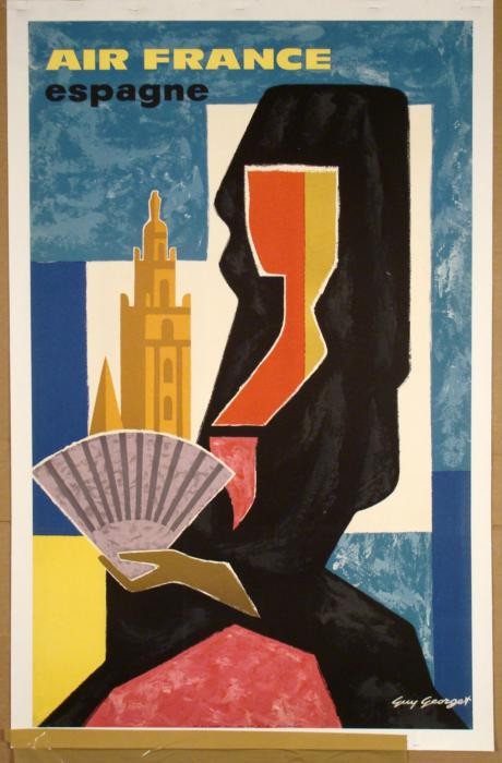 Air France Spain Orig Vintage Georget Travel Poster 50: Noted artist Guy George designed this original poster for Air France to promote travel to Spain. The poster has traditional images in colorful Cubist style. Georget was commissioned by Air France to c