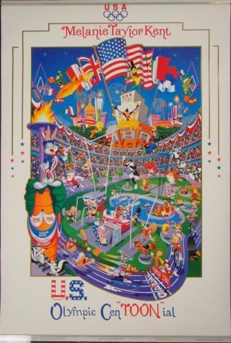 Melanie Taylor Kent US OLYMPICS CENTOONIAL 1996 Poster: This colorful poster by famous artist Melanie Taylor Kent was created for the Olympic Games in Atlanta in 1996: Title: "Olympic Cen'TOON' ial" Poster on semi-gloss paper 24 × 36 Very good - excel