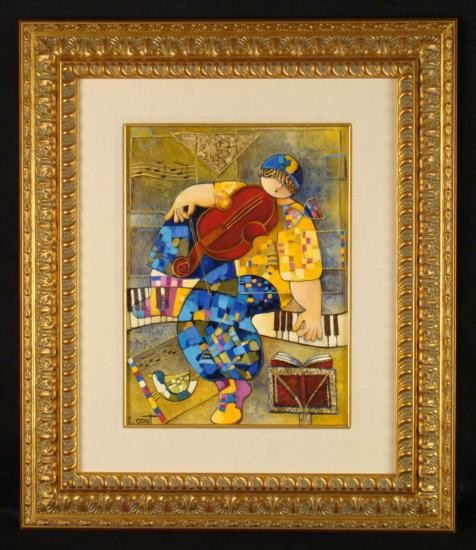 Dorit Levi Original Framed Oil Painting The Composer: This is an original oil painting by Dorit Levi of a musical composer. The musician is playing both strings and piano, while a bird rests below for inspiration, and perhaps a song. The Cubist forms bea