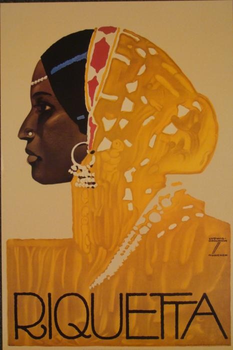 Ludwig Hohlwein Art Print Riquetta Indian Woman: This print portrays a woman in profile, with the traditional garb of India, in a retro style. Artist: Ludwig Hohlwein Title: Riquetta Medium: Print on paper Sheet size: 24 x 26 inches Publisher: Bruce
