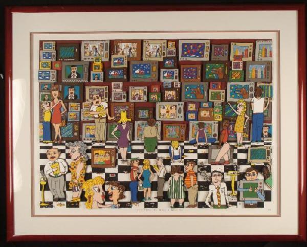 James Rizzi Framed Large 3-D Art Print Time to Buy a TV: Pop artist James Rizzi captures the excitement of shopping for a new television in this fantastic 3 dimensional artwork. It consists of many individual pieces cut out and pasted on at varying heights,