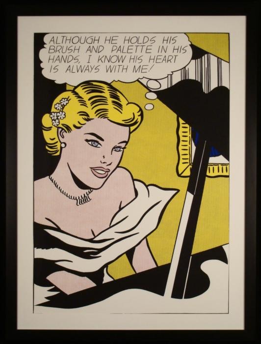 Roy Lichtenstein Girl at Piano Art Print, Large Framed: This Lichtenstein print features a blue-eyed blonde seated at a grand piano, entertaining herself with a song while her love is presumably busy behind the easel. Her words make it clear: "Although he