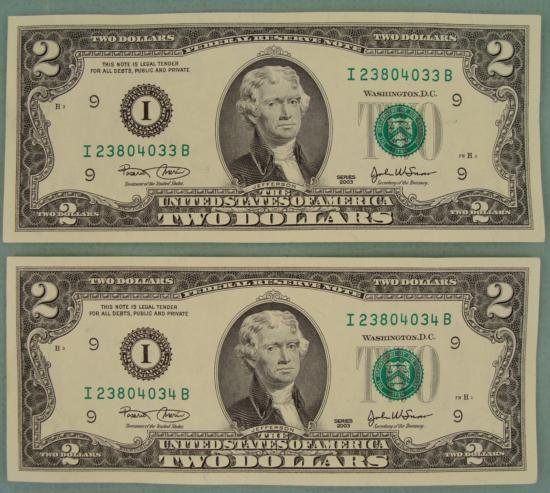 2 Consec # CU 2003 $2 Bills Notes I Mint Minneapolis: (2) 2003 $2 bills Serial numbers: Consecutive Mint mark: I (Minneapolis) Grade: Crisp Uncirculated *Note: Bills will have different serial numbers than those pictured