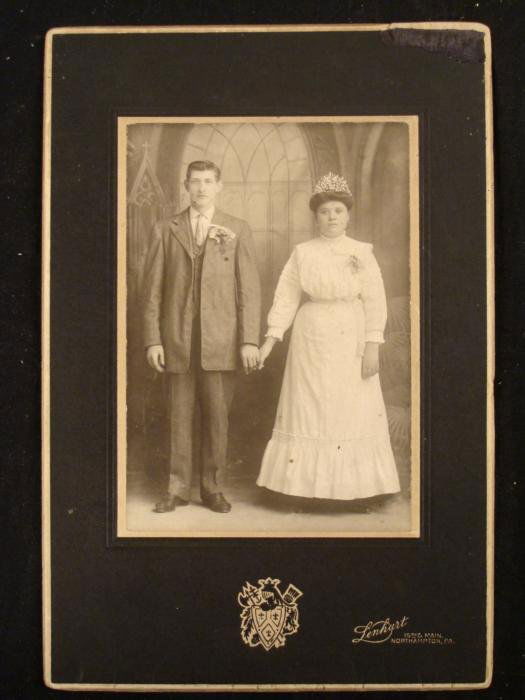 Antique Wedding Portrait Photograph 1890s PA: This photograph portrays a newly married couple from the 1890's. It is from Lenhart studios in Northampton, Pennsylvania, and it's on a card 6 x 9 inches. It is in very good condition overall, with so