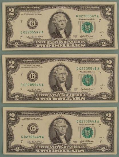3 Consecutive # 2003 A $2 Bills Notes G Mint Chicago CU: (3) 2003-A $2 bills, with consecutive serial numbers Mint mark: G (Chicago) Grade: Crisp Uncirculated Note: Number shown may be different from the number you receive