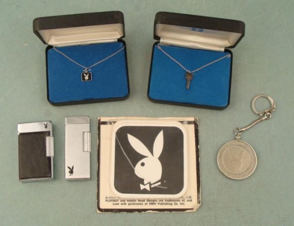 Playboy Club Vint Lighters Necklaces, Key Chain, Decals: This is a group of 6 vintage Playboy items from the original Playboy clubs. Included are: Bunny head necklace in silver tone and black, 14", in original box Key with Bunny head necklace in silver tone