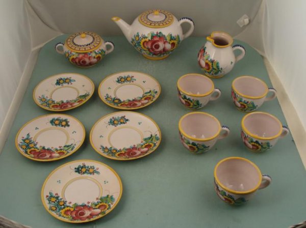 Tupesy Czech Signed Pottery Vint Hand Painted Tea Set: This is a 13 piece set set of hand painted pottery from the Tupesy region of Czechoslovakia. They have lovely floral patterns in greens and cranberry hues, with yellow and gray borders. The undersides