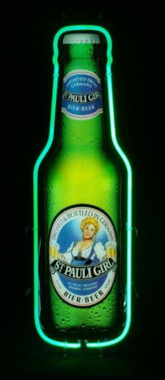 St. Pauli Girl Neon German Beer Bottle Bar Decor Sign: This St. Pauli Girl neon beer sign is really a welcoming sight. Green neon forms the shape of the bottle, while the famous St. Pauli Girl label is nicely back-lit by white neon. This sign is in excell