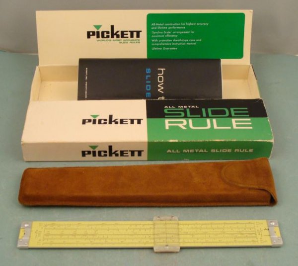 Pickett 800-ES Metal Slide Rule In Box w/Leather Case: This Pickett model 800-ES Metal Slide Rule comes in the original box, with instructions, and natural leather case. All is in excellent condition, with normal creasing on the instruction booklet. The l
